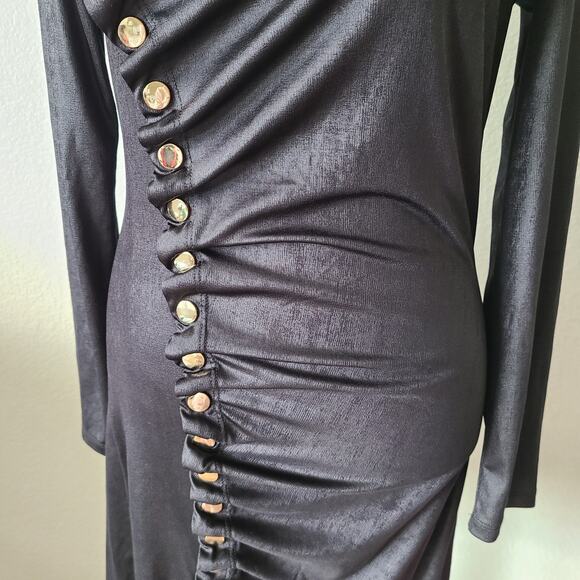Karina Grimaldi‎ Asymmetrical Black Bodycon Mini Dress Size Medium Gold Buttons - Picture 12 of 12